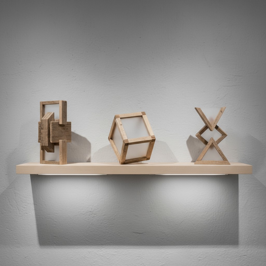 Decorative wooden sculptures displayed on a minimalist yellow shelf against a plain gray background.