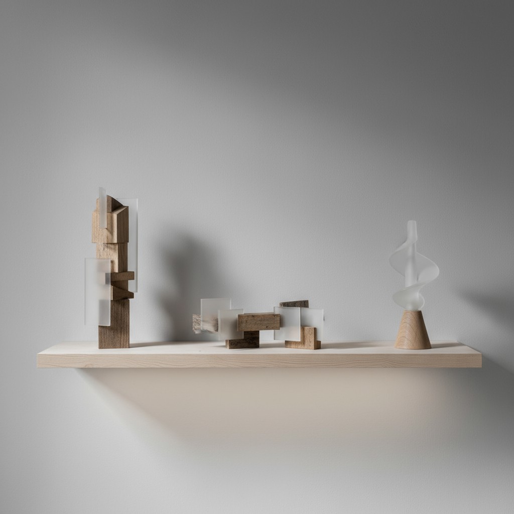 A minimalist shelf features a collection of geometric sculptures designed from wooden blocks and transparent plastic sheet...