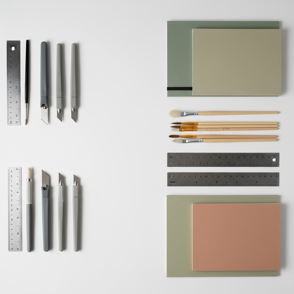 An image of artistic tools, including paintbrushes and utility knives, arranged for various uses.