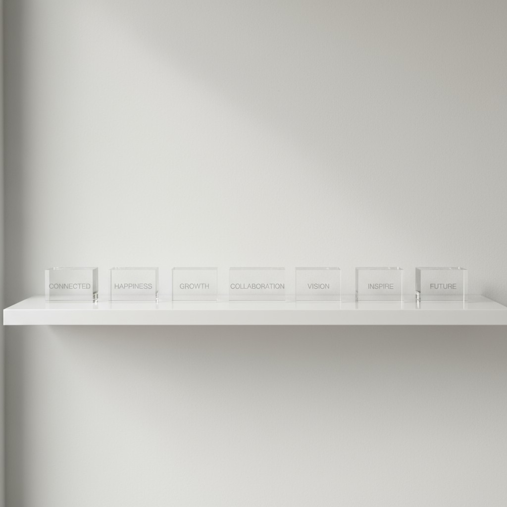 The copy for alt text is: "A row of 7 transparent blocks with printed words on a shelf against a beige wall."