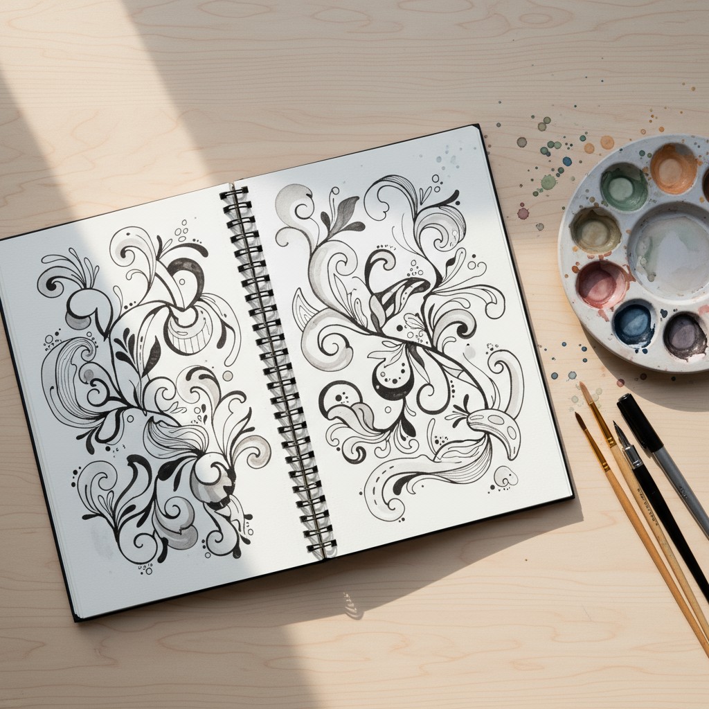 Open spiral-bound sketchbook on a light wooden surface with an ink drawing and paintbrushes.
