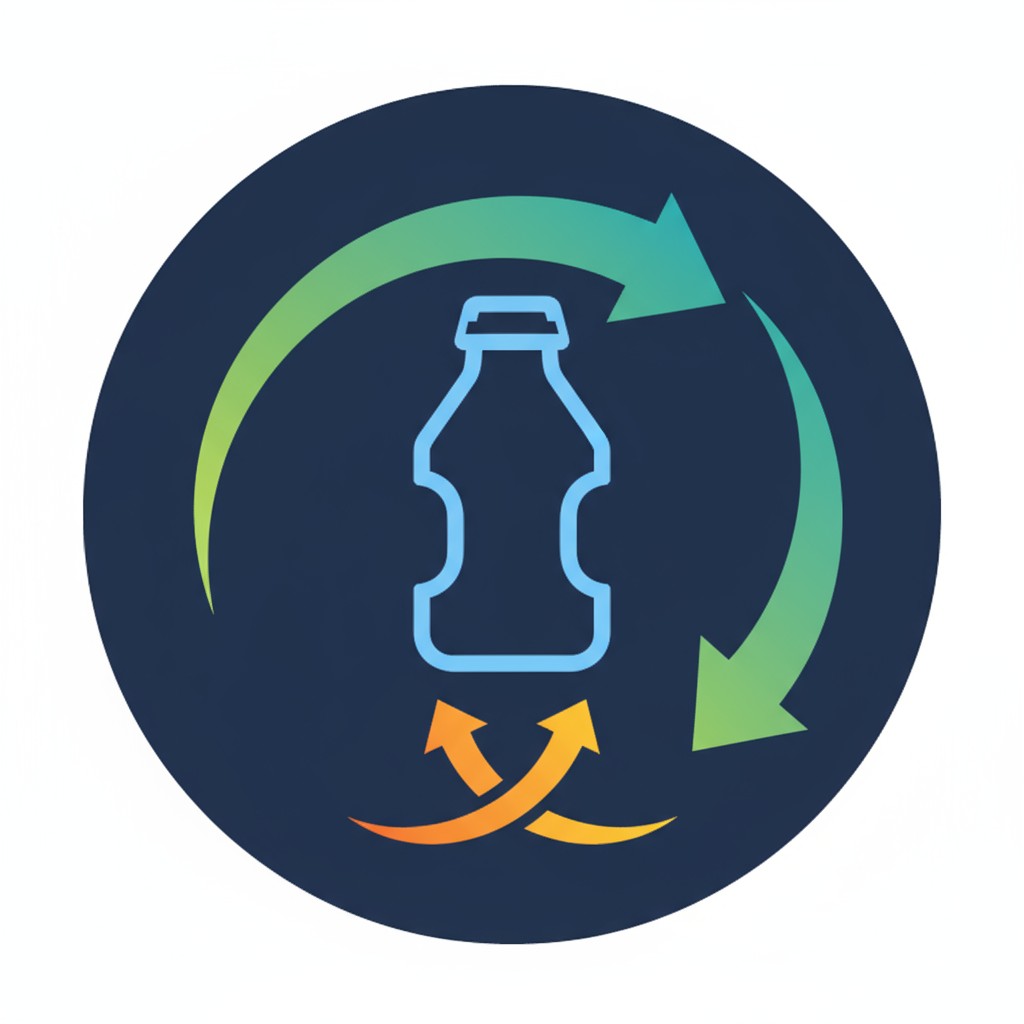 The design depicts different elements moving in a circular pattern toward a plastic bottle.